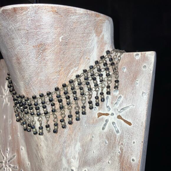 Silver and black beaded chain choker statement necklace - Picture 2 of 6